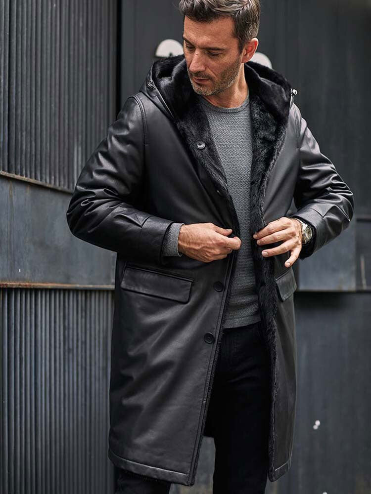 Men’s Mink Overcoat Long Fur Parka | Black Leather Jacket | Full Grain Apparel