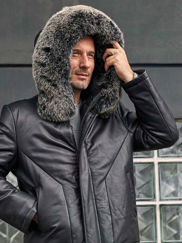 Chaqueta de plumas de cuero para hombre con capucha de piel de zorro | Abrigo largo de invierno