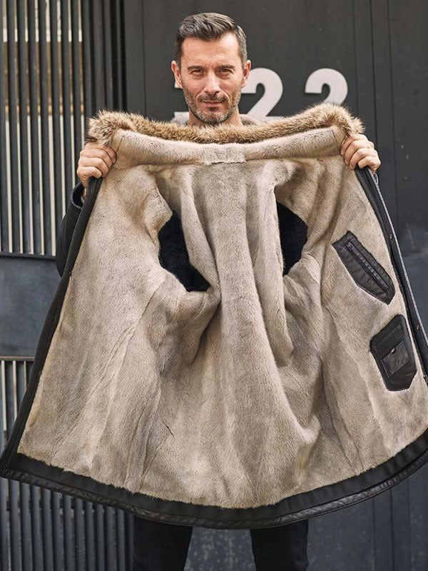 Abrigo largo de piel de visón para hombre | Abrigo de invierno de cuero negro | Prenda de grano completo