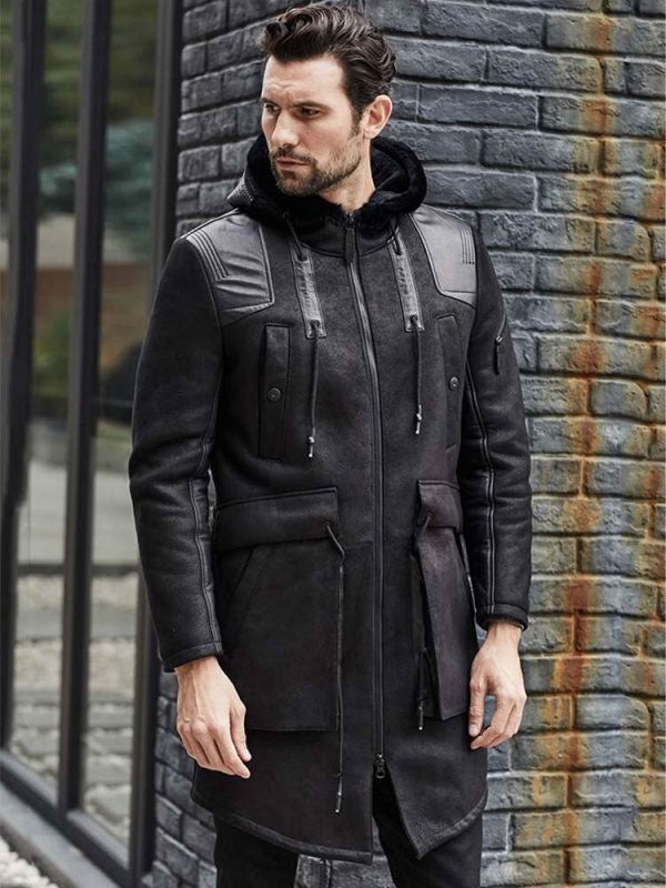 Men’s Black Shearling Fur Leather Long Trench Coat | Full Grain Apparel