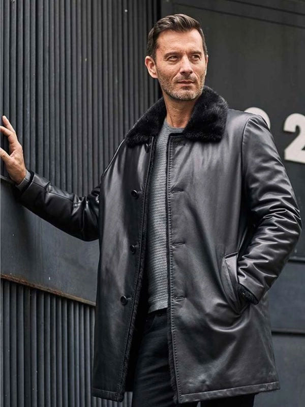 Men’s Mink Fur Long Coat | Black Leather Overcoat | Full Grain Apparel