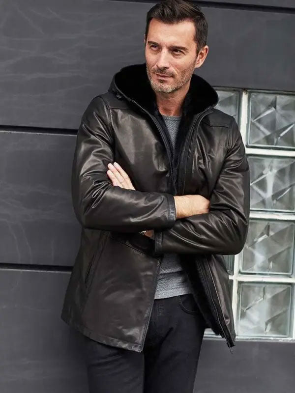 Men’s Mink Fur Overcoat | Oversize Black Leather Winter Jacket | Full Grain Apparel