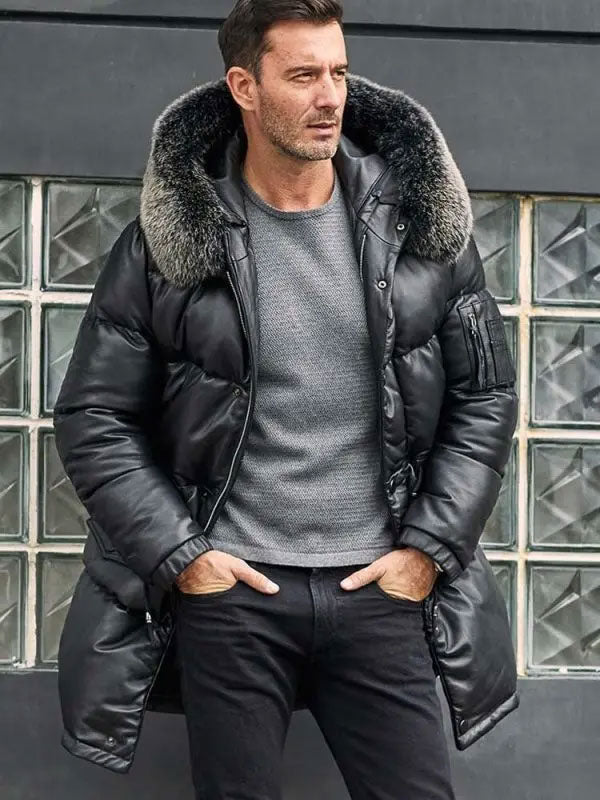 Men’s Leather Down Jacket with Fox Fur Hood | Long Winter Overcoat