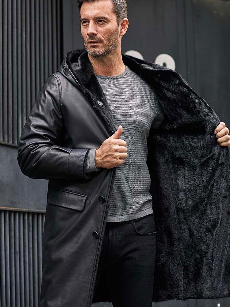 Men’s Mink Overcoat Long Fur Parka | Black Leather Jacket | Full Grain Apparel