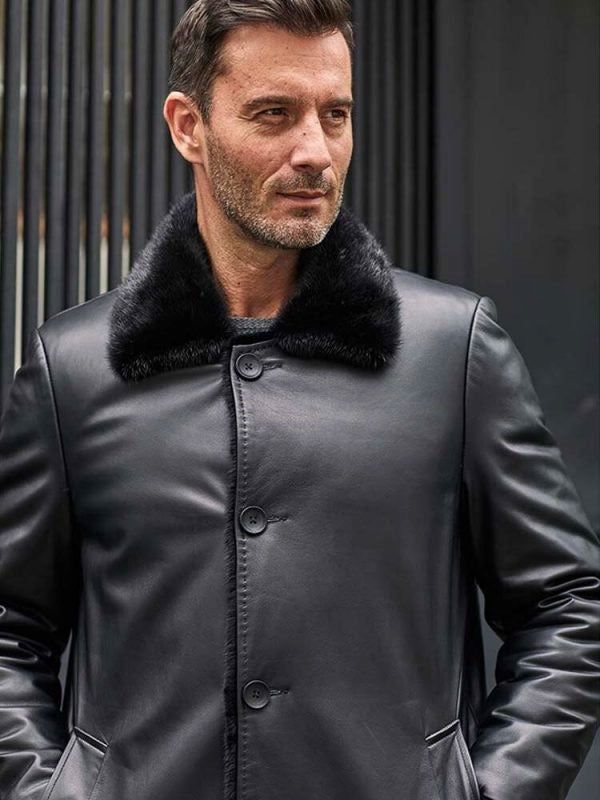 Men’s Mink Fur Long Coat | Black Leather Overcoat | Full Grain Apparel