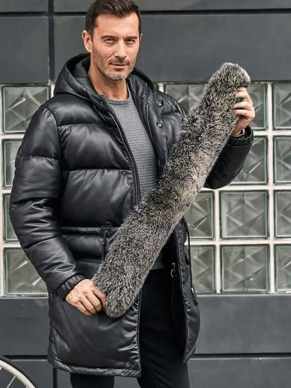Men’s Leather Down Jacket with Fox Fur Hood | Long Winter Overcoat