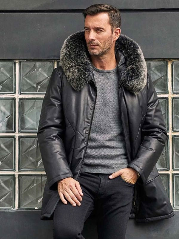 Chaqueta de plumas de cuero para hombre con capucha de piel de zorro | Abrigo largo de invierno