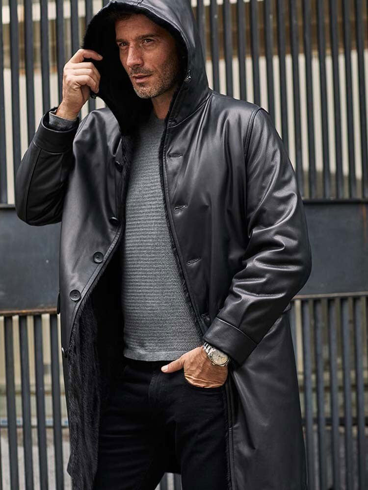 Men’s Mink Overcoat Long Fur Parka | Black Leather Jacket | Full Grain Apparel
