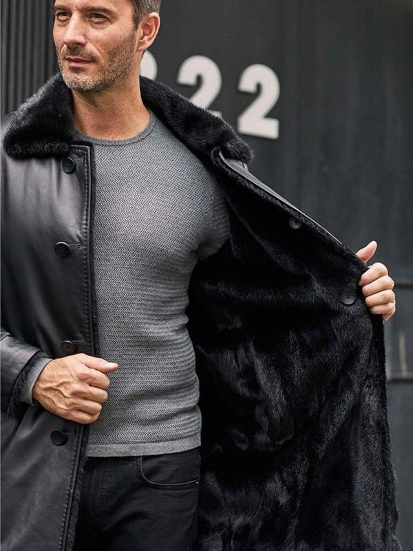 Men’s Mink Fur Long Coat | Black Leather Overcoat | Full Grain Apparel