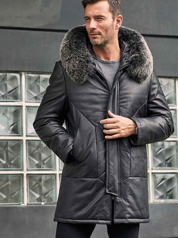 Chaqueta de plumas de cuero para hombre con capucha de piel de zorro | Abrigo largo de invierno