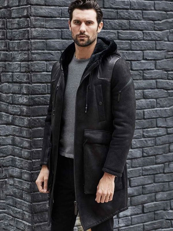 Men’s Black Shearling Fur Leather Long Trench Coat | Full Grain Apparel