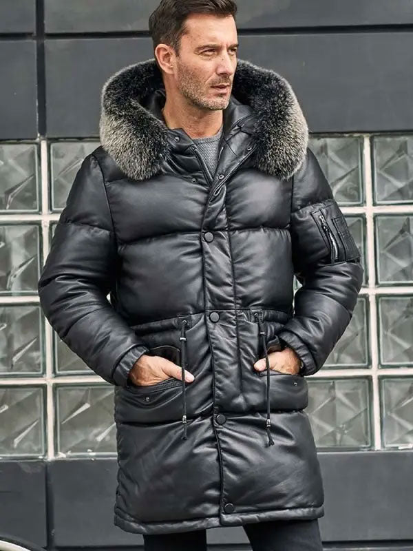 Men’s Leather Down Jacket with Fox Fur Hood | Long Winter Overcoat