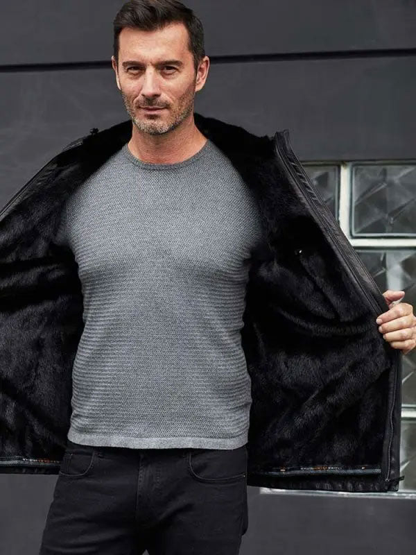 Men’s Mink Fur Overcoat | Oversize Black Leather Winter Jacket | Full Grain Apparel