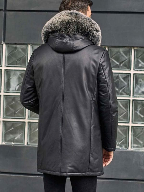 Chaqueta de plumas de cuero para hombre con capucha de piel de zorro | Abrigo largo de invierno