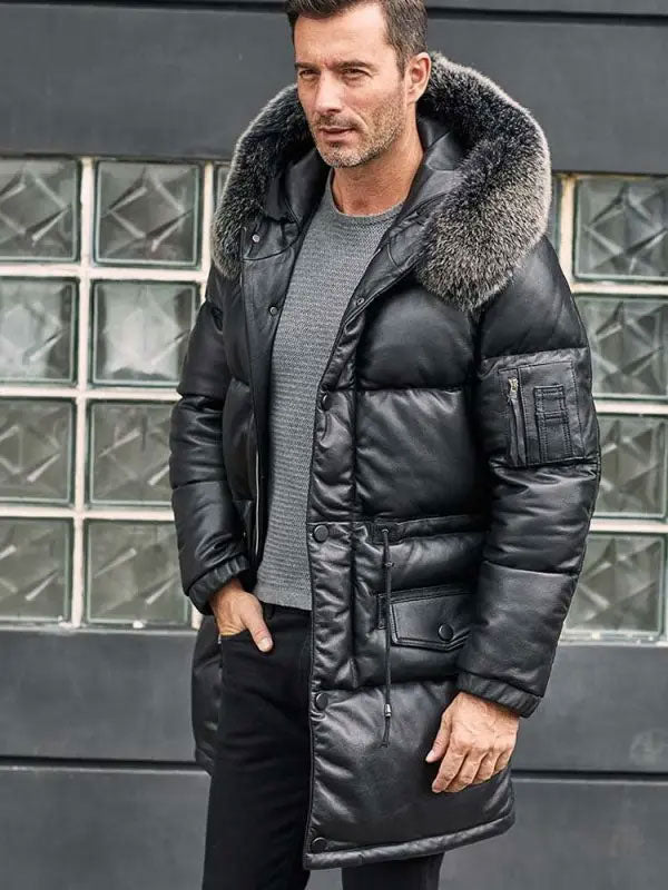 Men’s Leather Down Jacket with Fox Fur Hood | Long Winter Overcoat