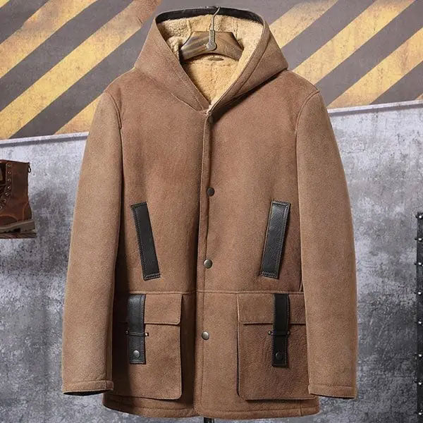 Men’s Hooded Suede Bomber Jacket | Long Shearling Trench Coat | Full Grain Apparel