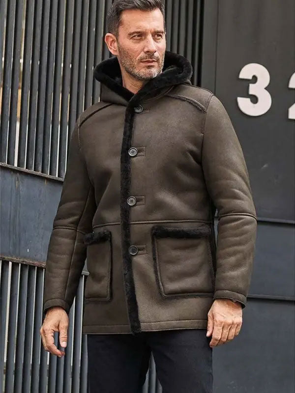 Men’s Green Leather Overcoat with Fur Hooded Wool Parka | Full Grain Apparel