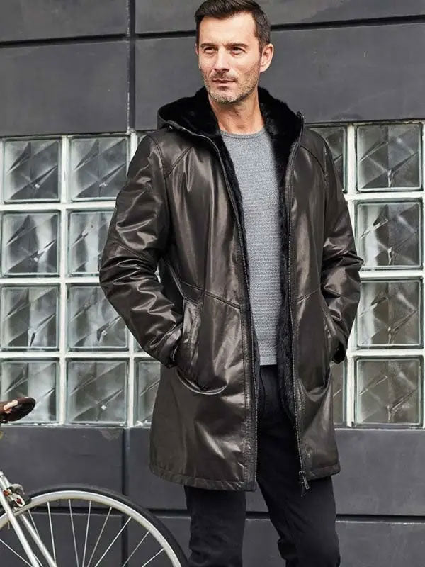 Men’s Green Leather Overcoat with Fur Hooded Wool Parka | Full Grain Apparel