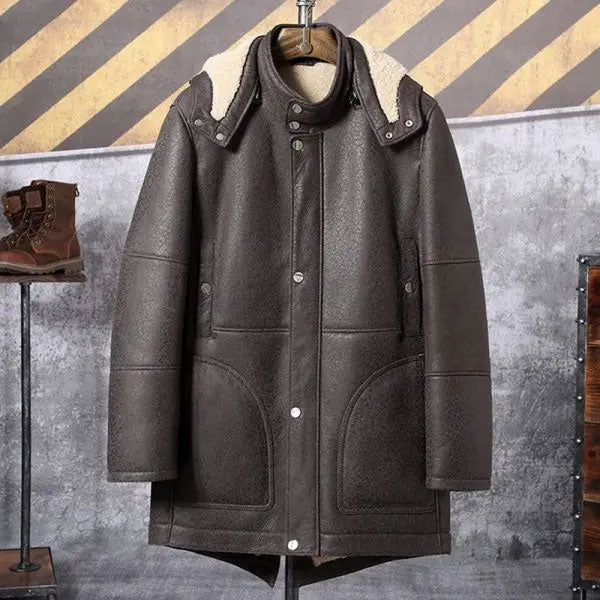 Men’s Hooded Shearling Trench Coat | Long Leather Outwear | Full Grain Apparel