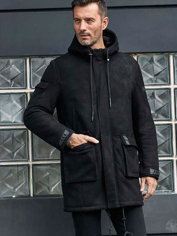 Men’s Black Sheepskin Leather Overcoat | Winter Fur Outwear | Full Grain Apparel