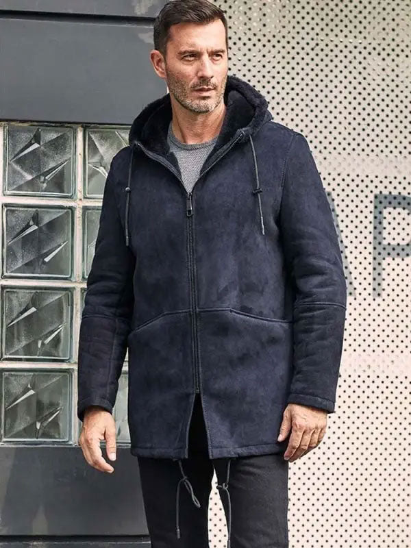 Men’s Long Sheepskin Leather Jacket | Hooded Wool Overcoat | Full Grain Apparel