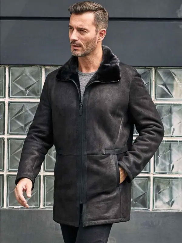 Men’s Black Shearling Fur Jacket | Mink Lapel Leather Overcoat | Full Grain Apparel