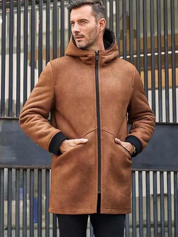 Men’s Brown Sheepskin Shearling Jacket | Hooded Winter Overcoat | Full Grain Apparel
