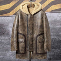 Men’s Sheepskin Long Leather Jacket | Hooded Fur Coat | Full Grain Apparel