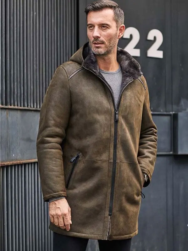 Men’s Long Leather Trench Coat | Removable Hooded Fur Outwear | Full Grain Apparel