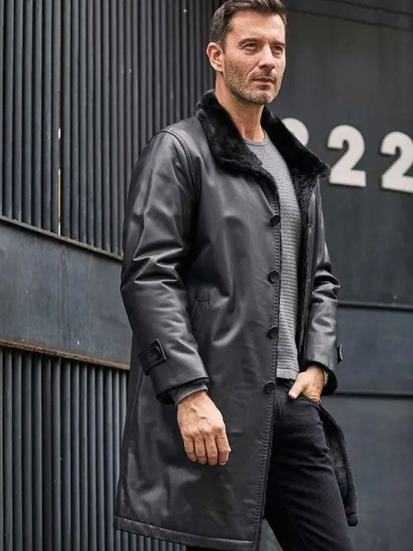Parka de Piel y Pelo Negra para Hombre | Abrigo Largo | Ropa de P Piel Plena Flor