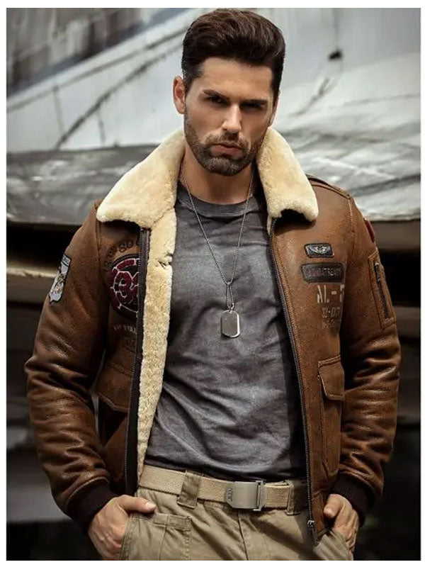 Chaqueta de cuero de aviador B3 para hombre | Cazadora bomber bordada | Prendas de piel de plena flor