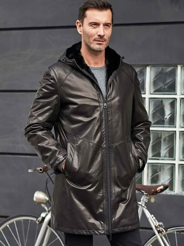 Men’s Shearling Fur Hooded Trench Coat | Leather Outerwear | Full Grain Apparel