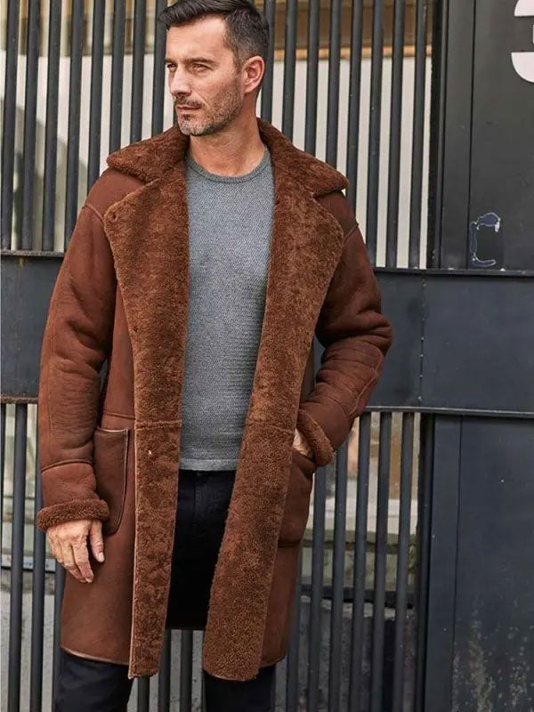 Men’s Brown Fur Leather Trench Coat | Long Winter Overcoat | Full Grain Apparel