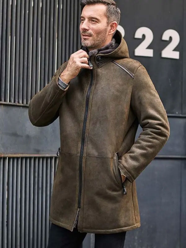 Men’s Long Leather Trench Coat | Removable Hooded Fur Outwear | Full Grain Apparel