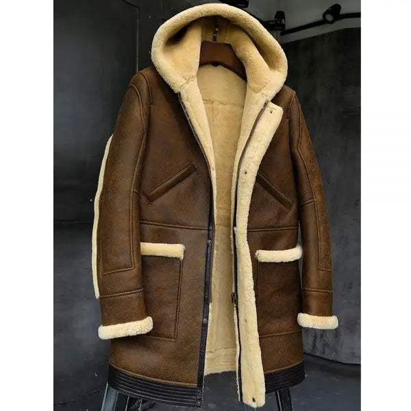 Abrigo de piel de oveja con capucha para hombre | Chaqueta larga de invierno con piel | Prenda de piel de plena flor