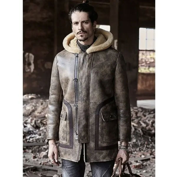 Chaqueta larga de cuero de piel de oveja para hombre | Abrigo con capucha y piel | Prenda de cuero plena flor