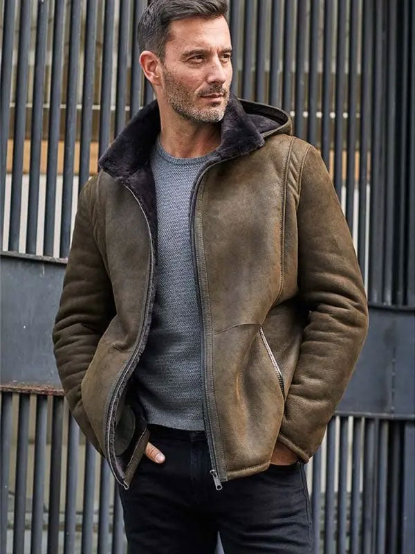 Chaqueta de cuero para hombre con capucha extraíble | Abrigo de piel de gran tamaño | Ropa de piel plena flor