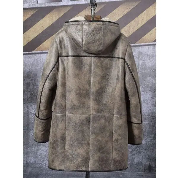 Chaqueta bómber con capucha de borreguillo para hombre | Abrigo largo de cuero tipo gabardina | Prendas de piel plena flor