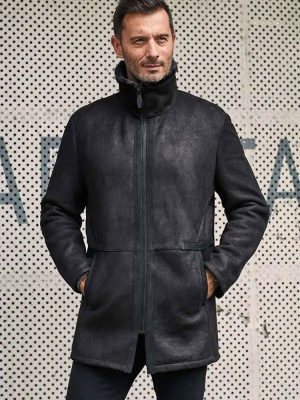 Men’s Black Shearling Fur Jacket | Mink Lapel Leather Overcoat | Full Grain Apparel