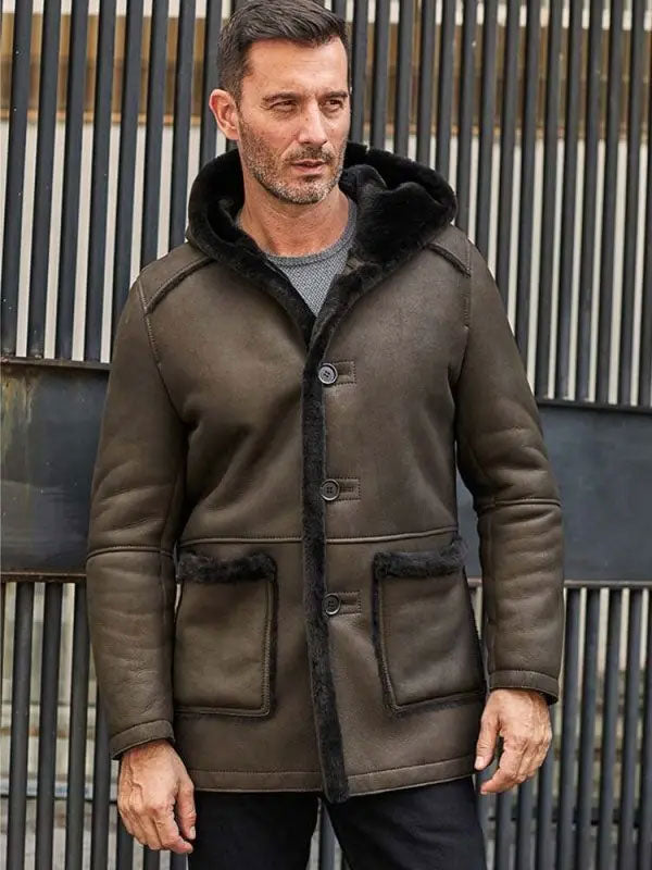 Men’s "Forest-Fortress" Parka | Emerald Green Premium Leather | Authentic Wool-Lined Overcoat with Shearling Hood | Full Grain Apparel