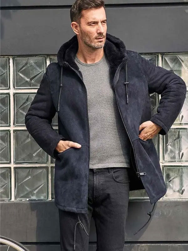 Men’s Long Sheepskin Leather Jacket | Hooded Wool Overcoat | Full Grain Apparel