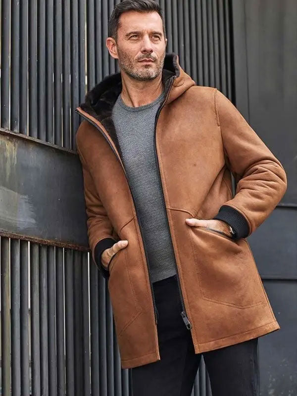 Men’s Brown Sheepskin Shearling Jacket | Hooded Winter Overcoat | Full Grain Apparel