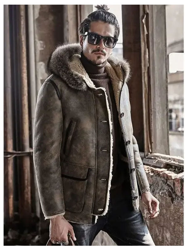 Men’s Hooded Shearling Collar Bomber | Leather Winter Jacket | Full Grain Apparel