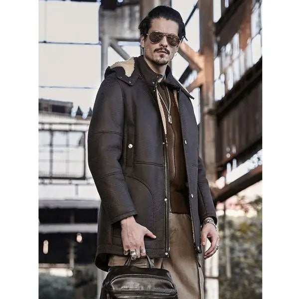 Men’s Hooded Shearling Trench Coat | Long Leather Outwear | Full Grain Apparel