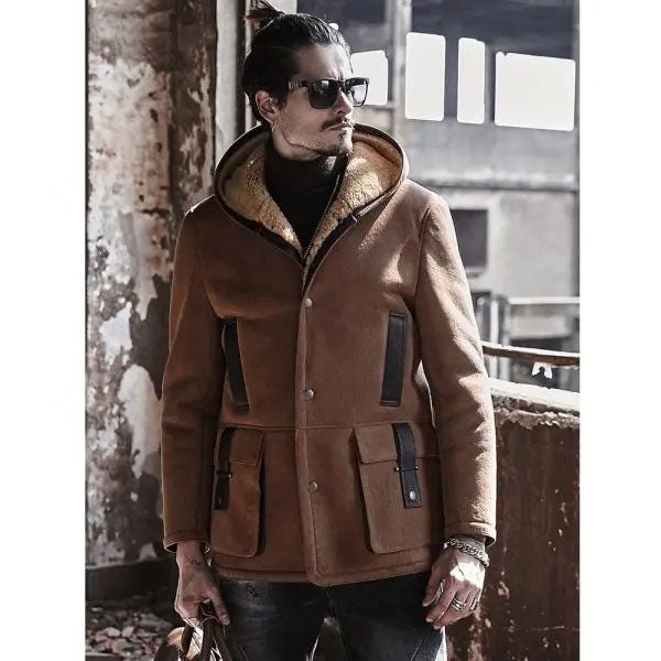 Chaqueta bomber de ante con capucha para hombre | Abrigo largo de borreguillo | Prendas de piel plena flor