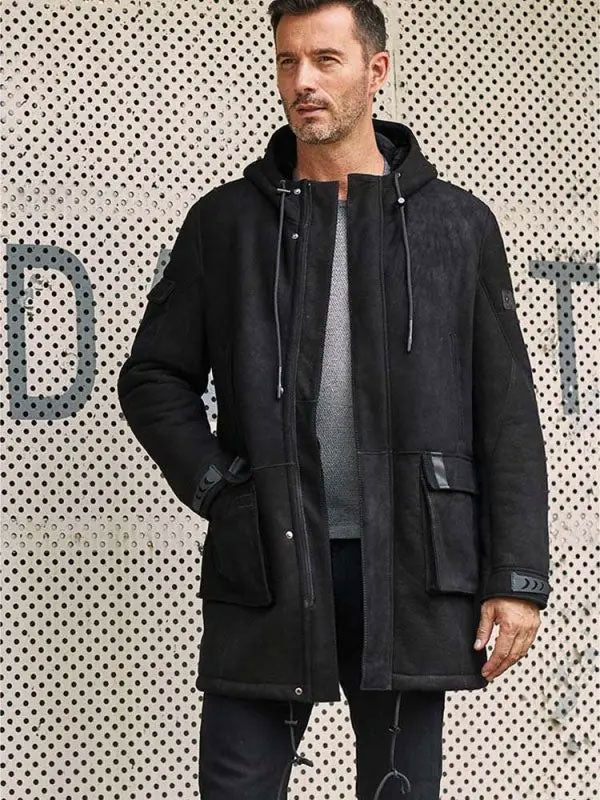 Abrigo largo de cuero de piel de oveja negra para hombre | Prenda de invierno con piel | Ropa de piel plena flor