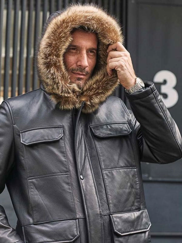 Abrigo largo de piel de visón para hombre | Abrigo de invierno de cuero negro | Prenda de grano completo