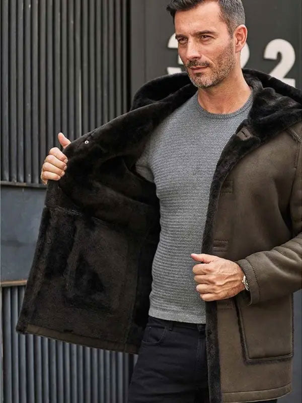 Men’s "Forest-Fortress" Parka | Emerald Green Premium Leather | Authentic Wool-Lined Overcoat with Shearling Hood | Full Grain Apparel