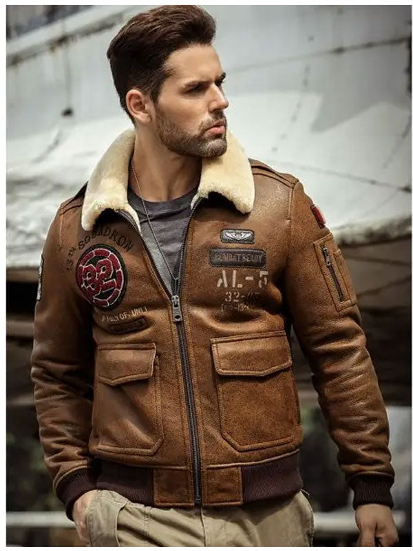 Chaqueta de cuero de aviador B3 para hombre | Cazadora bomber bordada | Prendas de piel de plena flor