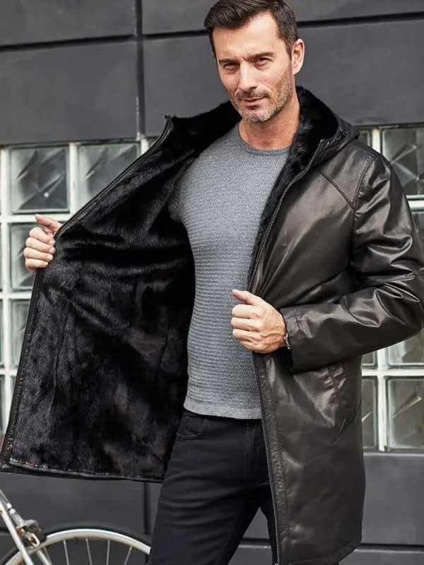 Men’s Shearling Fur Hooded Trench Coat | Leather Outerwear | Full Grain Apparel